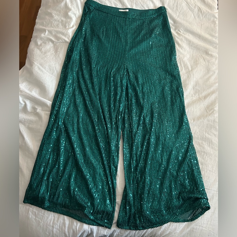 Green Sequin Wide-Leg Pants